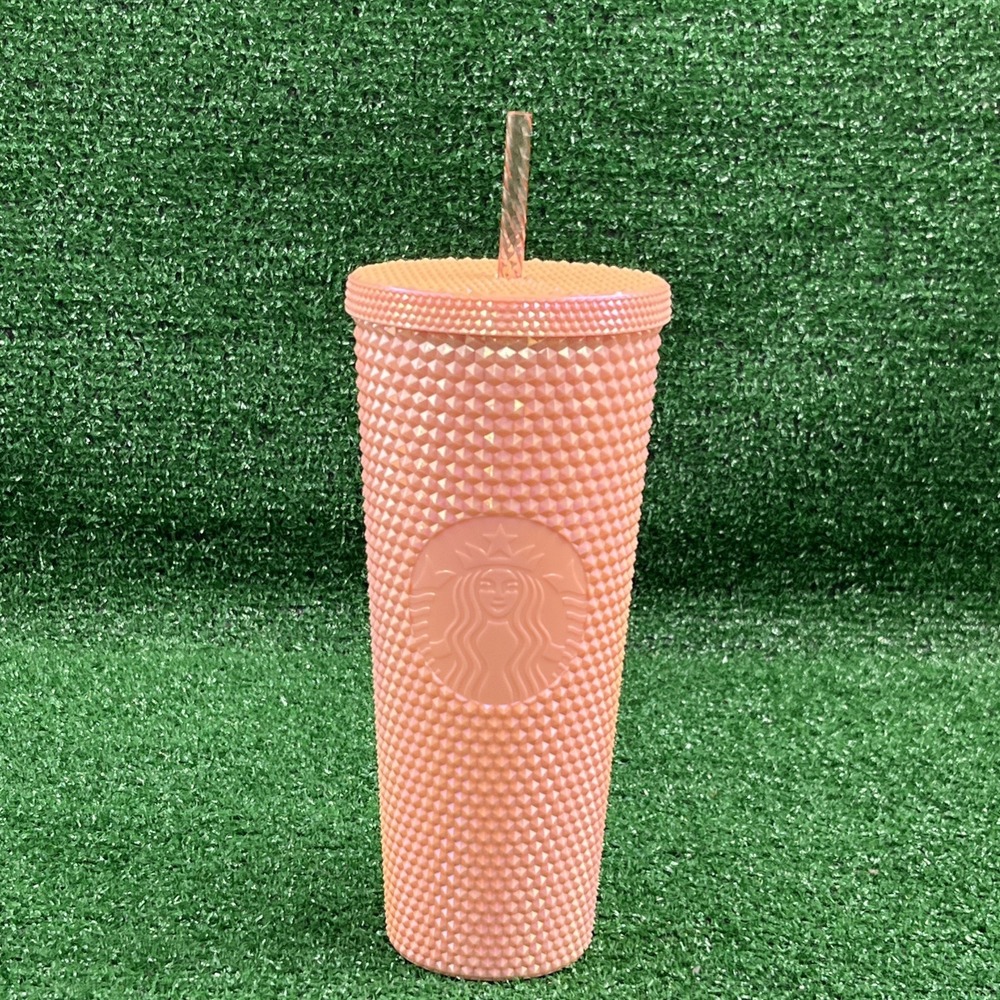 Starbucks Studded Tumbler‎ 24oz Peach Coral Iridescent Cold Cup With Straw